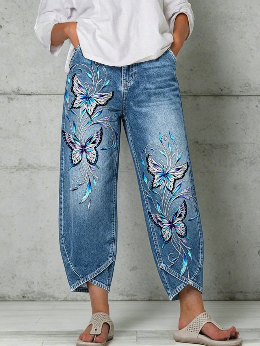 Damen-Hose mit Tier- und Schmetterlingskunstdruck