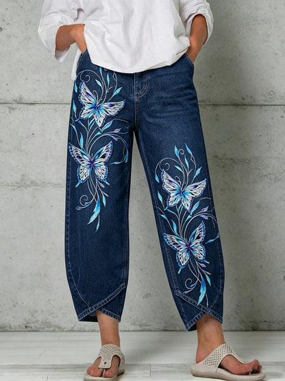 Damen-Hose mit Tier- und Schmetterlingskunstdruck