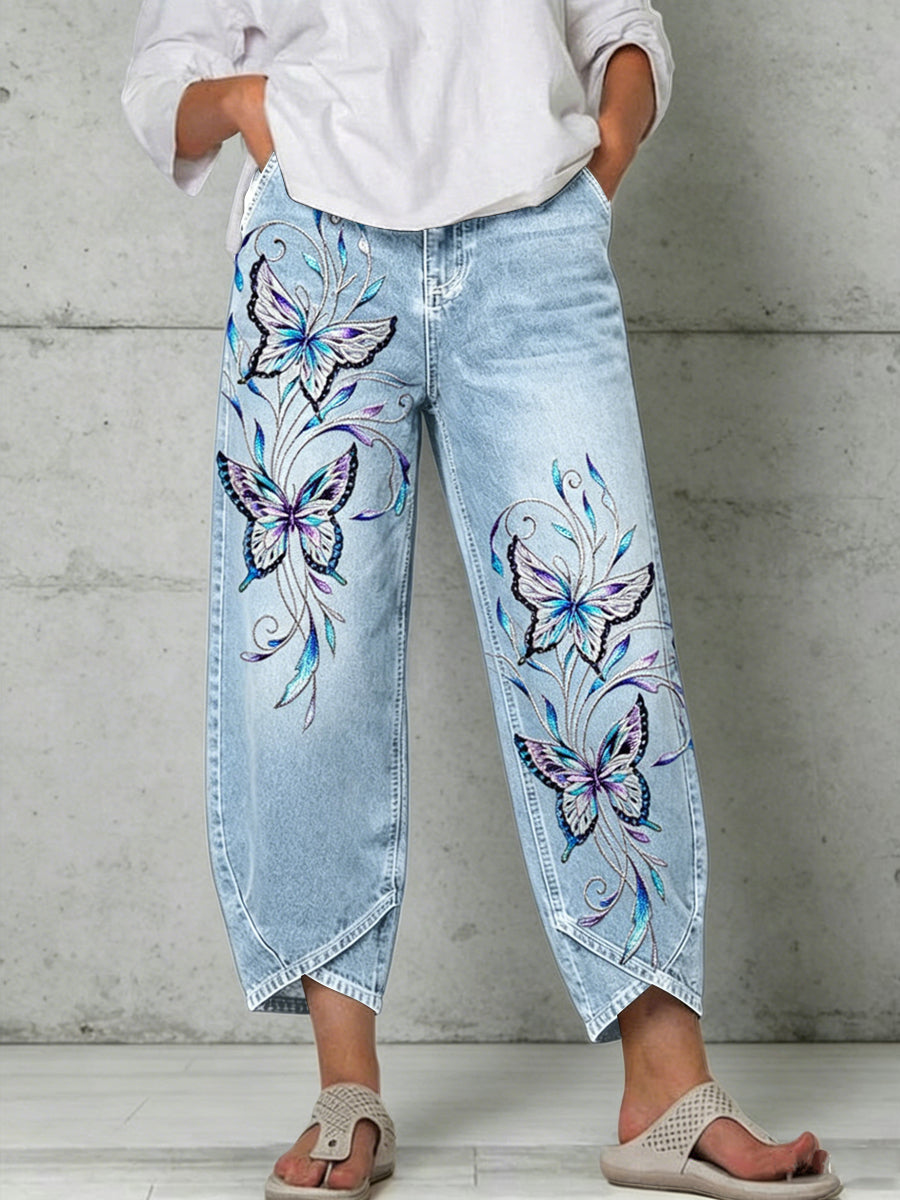 Damen-Hose mit Tier- und Schmetterlingskunstdruck