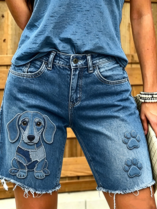 Damen Tier Hund Kunst bedruckte kurze Jeans