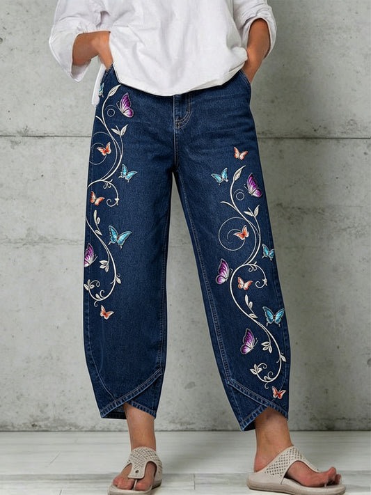 Damen-Hose mit Tier- und Schmetterlingskunstdruck