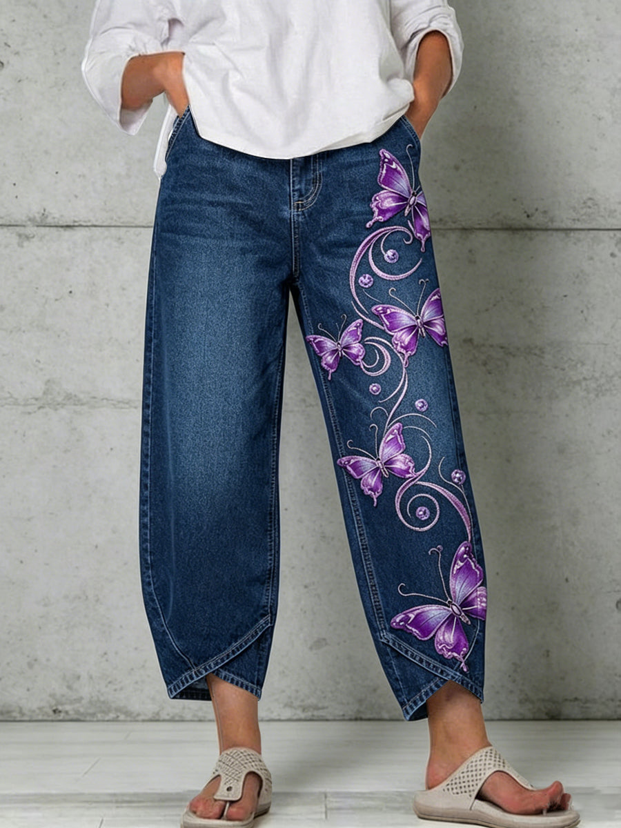 Damen-Hose mit Tier- und Schmetterlingskunstdruck