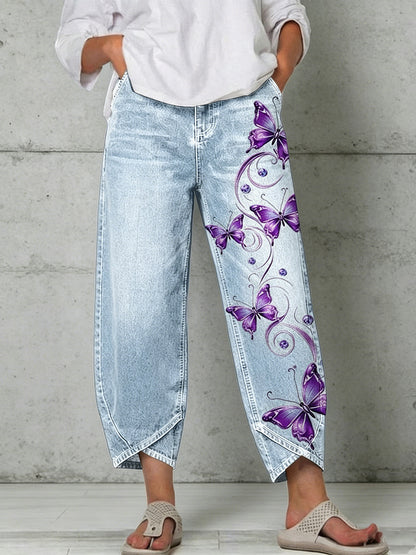 Damen-Hose mit Tier- und Schmetterlingskunstdruck