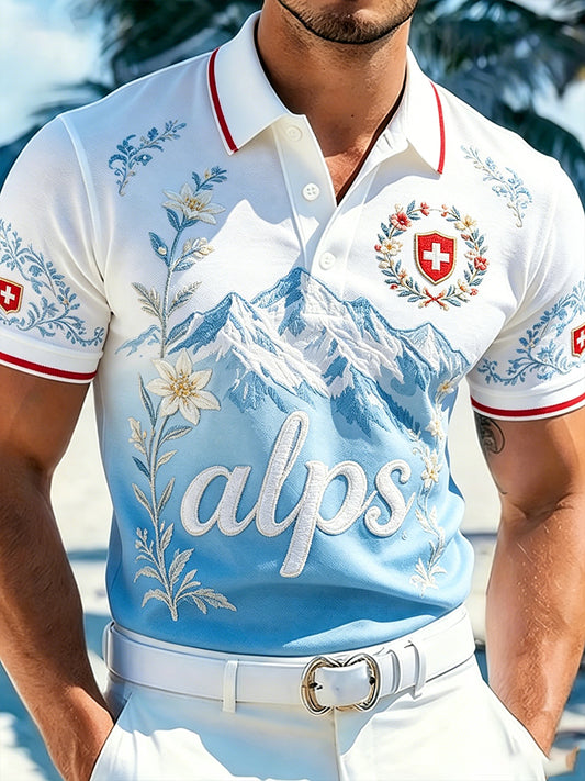 Herren-Poloshirt mit alpinem Blumenmuster und kurzen Ärmeln für den Alltag