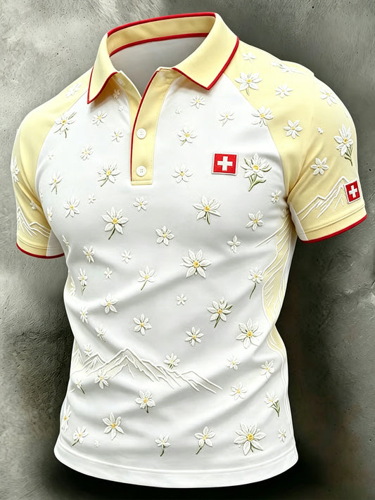 Herren-Poloshirt mit alpinem Blumenmuster und kurzen Ärmeln für den Alltag