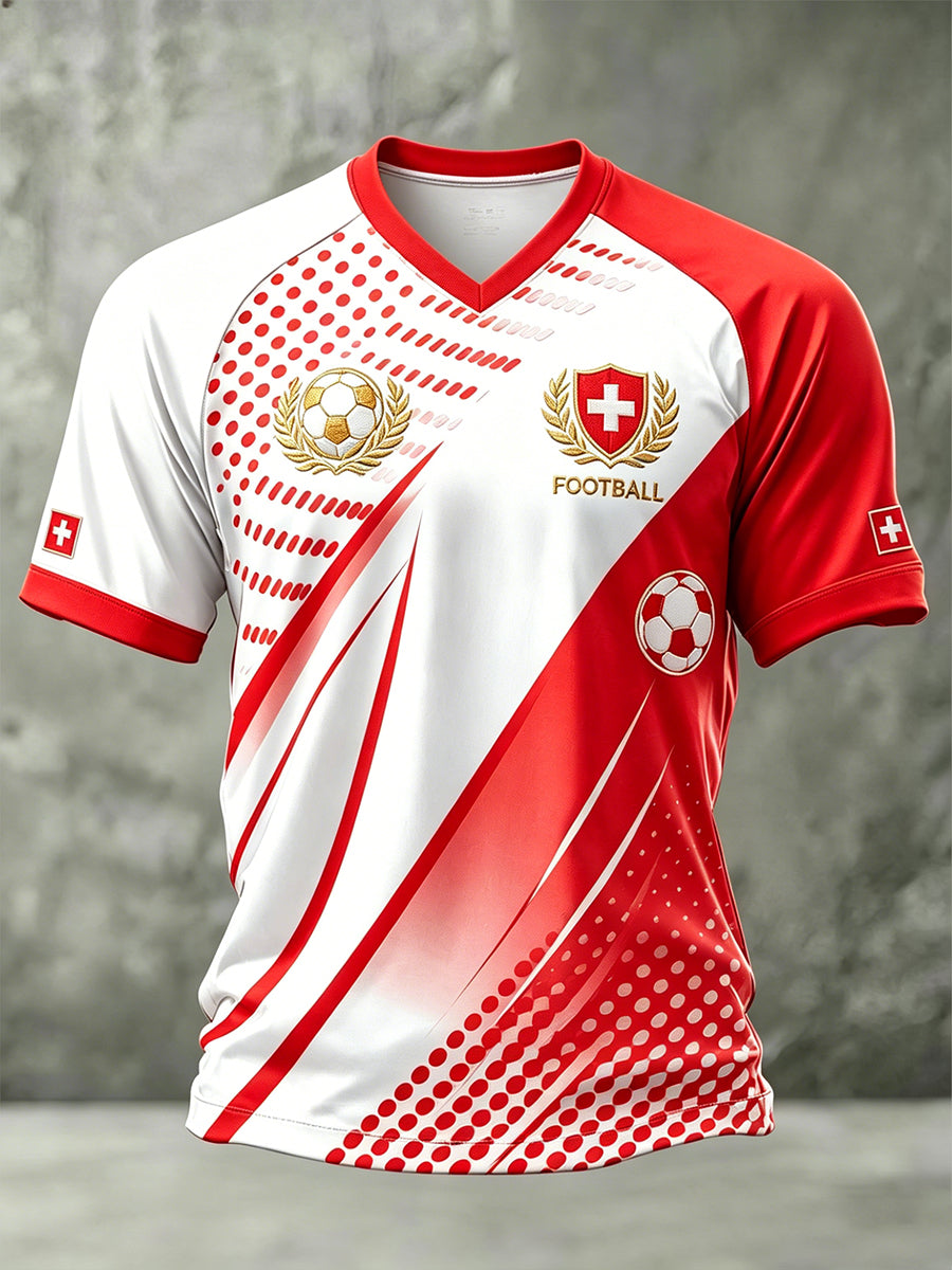 Herren-Casual-T-Shirt mit V-Ausschnitt und Fußballmotiv