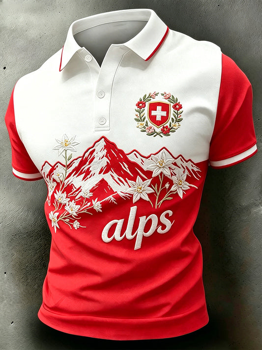 Herren-Poloshirt mit alpinem Blumenmuster und kurzen Ärmeln für den Alltag