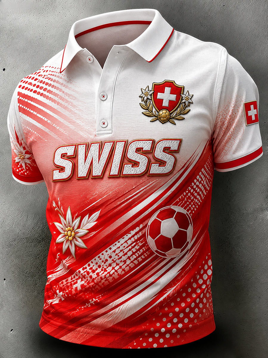 Herren-Poloshirt mit kurzen Ärmeln und Fußball-Print