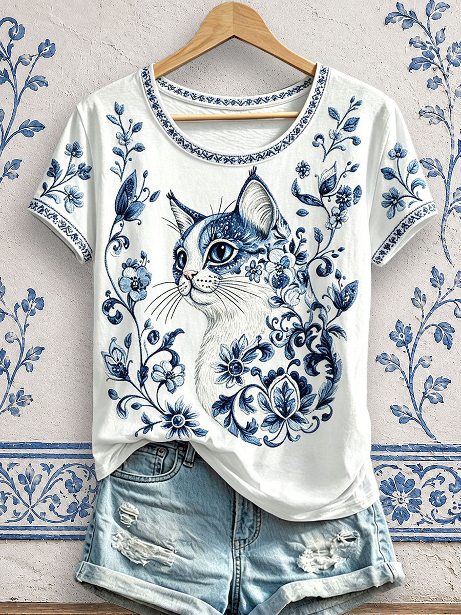 Damen-T-Shirts mit Blumen- und Katzenmuster