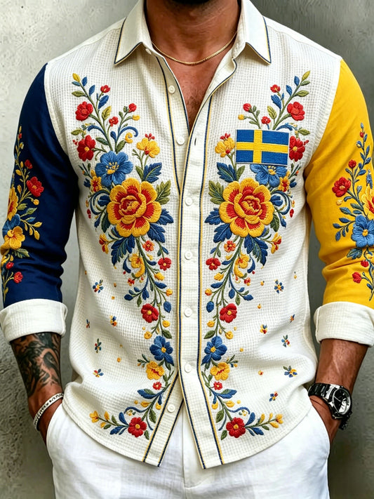 Herren-Retro-Hemd im schwedischen Mittsommer-Look mit floralem Waffelmuster und langen Ärmeln