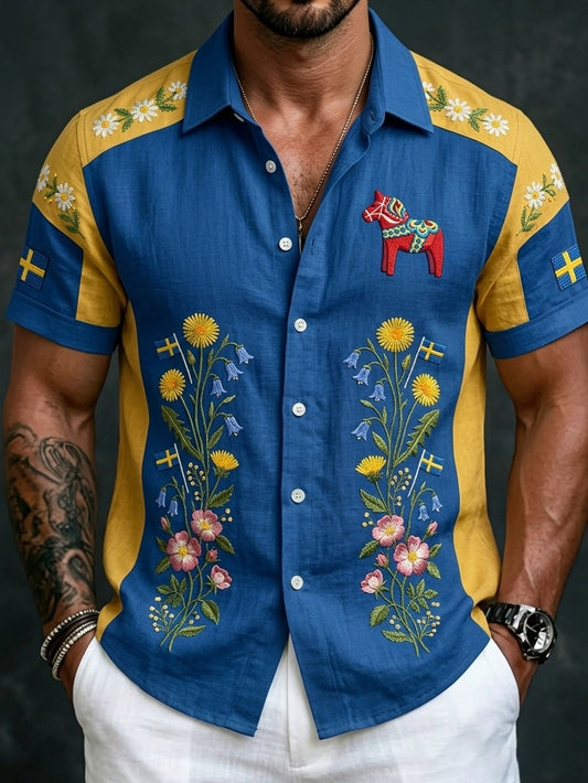 Herren-Retro-Hemd im schwedischen Mittsommer-Look mit Blumenmuster aus Baumwolle-Leinen, kurzärmlig