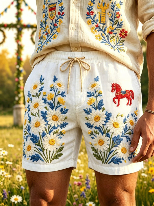 Herren-Retro-Shorts im schwedischen Mittsommer-Look mit Blumenmuster aus Baumwolle-Leinen