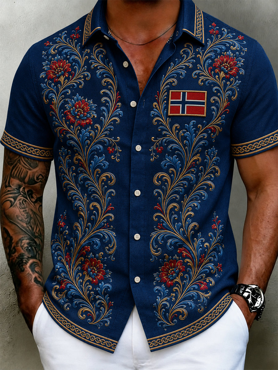 Herren Retro nordischer Stil Norwegisches Kunstdruck lässiges Baumwoll-Leinen hemd