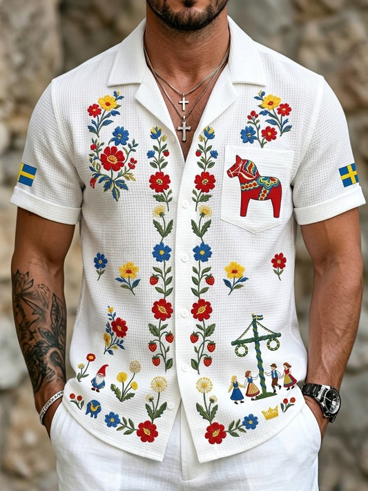 Herren Retro schwedisches Mittsommer-Folk-Blumen-Waffel-Kurzarm-Shirt