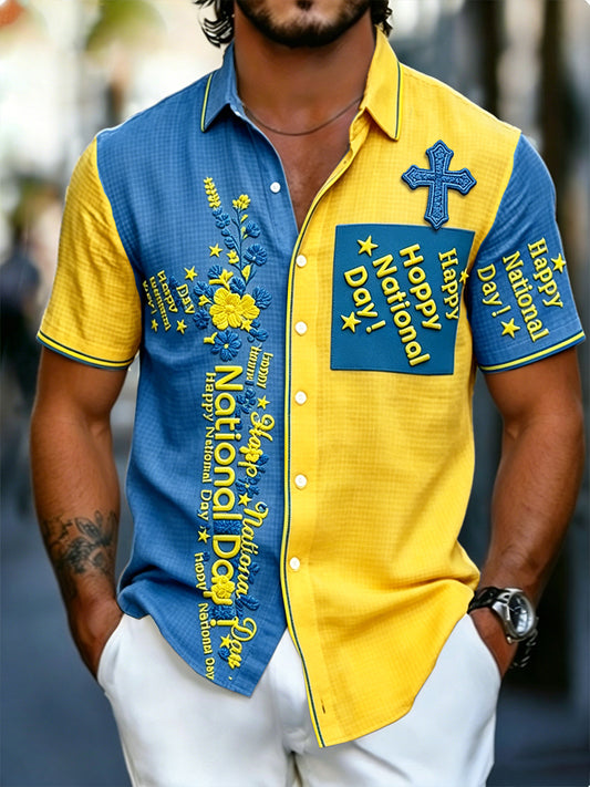 Herren Swedish National Day Patchwork Print Freizeit hemd Kurzarm