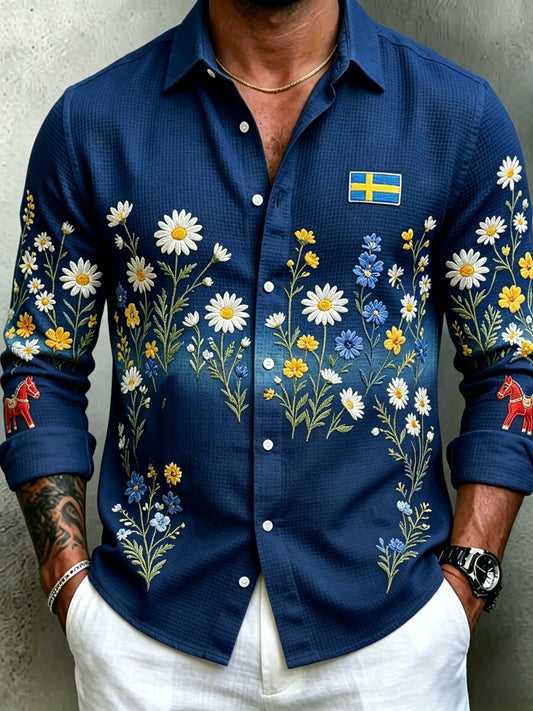 Herren-Retro-Hemd im schwedischen Mittsommer-Look mit floralem Waffelmuster und langen Ärmeln
