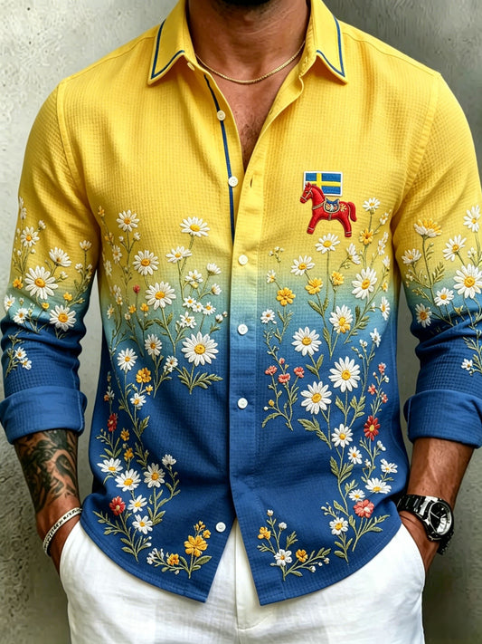 Herren Retro schwedisches Mittsommer-Folk-Blumen-Waffel-Langarm-Shirt