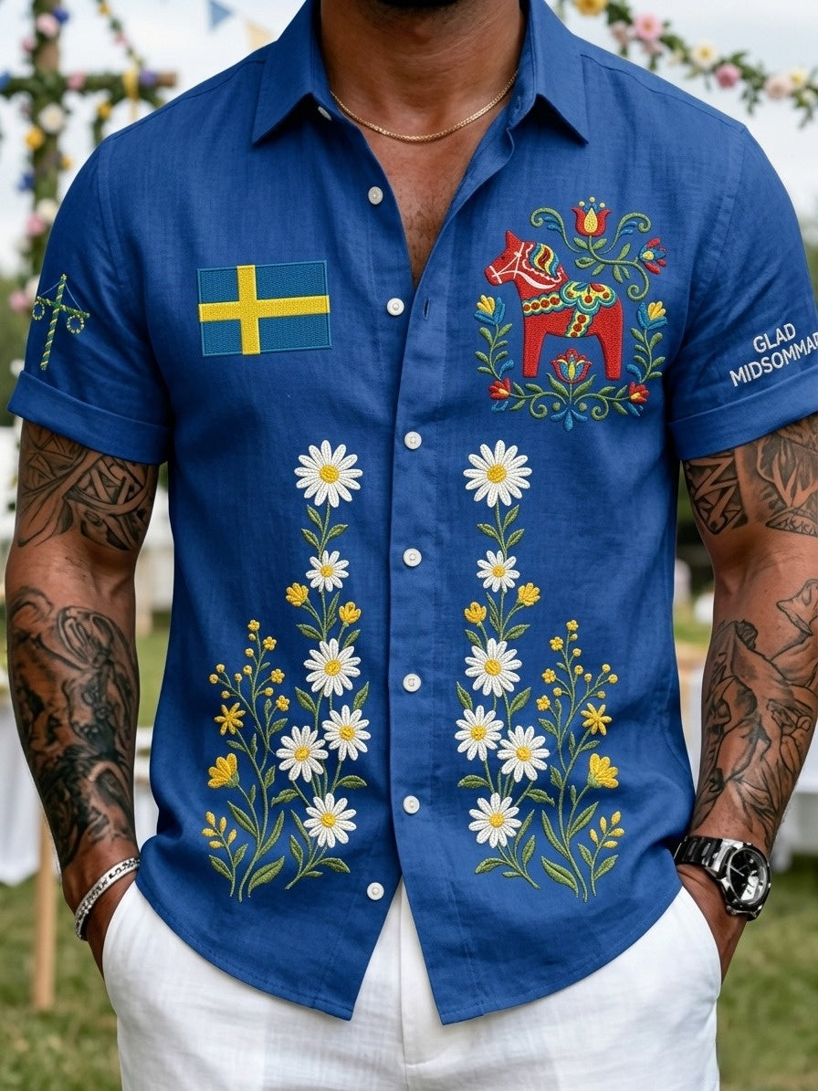 Kurzarm hemden für Herren Retro-Schwedische Mittsommer-Folk-Blumen hemden aus Baumwolle