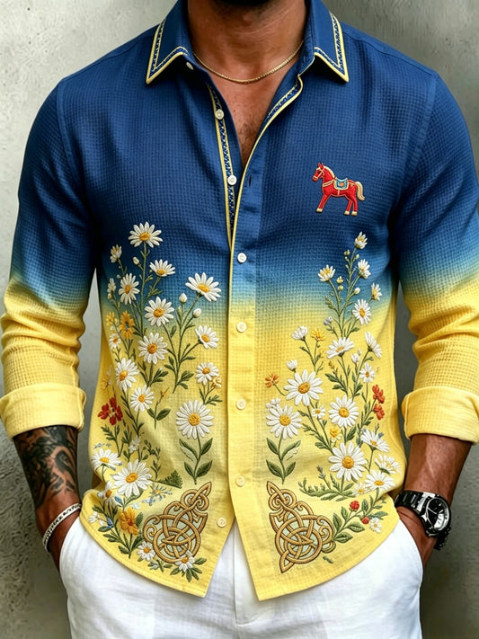 Herren-Retro-Hemd im schwedischen Mittsommer-Look mit floralem Waffelmuster und langen Ärmeln