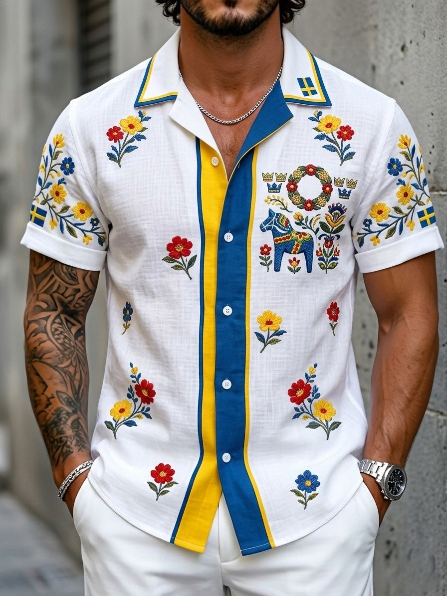 Herren-Retro-Hemd im schwedischen Mittsommer-Look mit Blumenmuster aus Baumwolle-Leinen, kurzärmlig