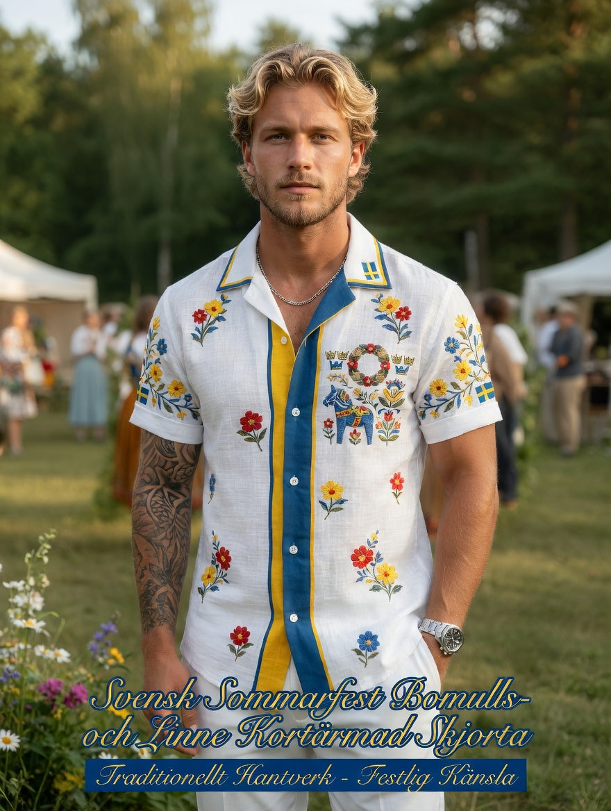 Herren-Retro-Hemd im schwedischen Mittsommer-Look mit Blumenmuster aus Baumwolle-Leinen, kurzärmlig