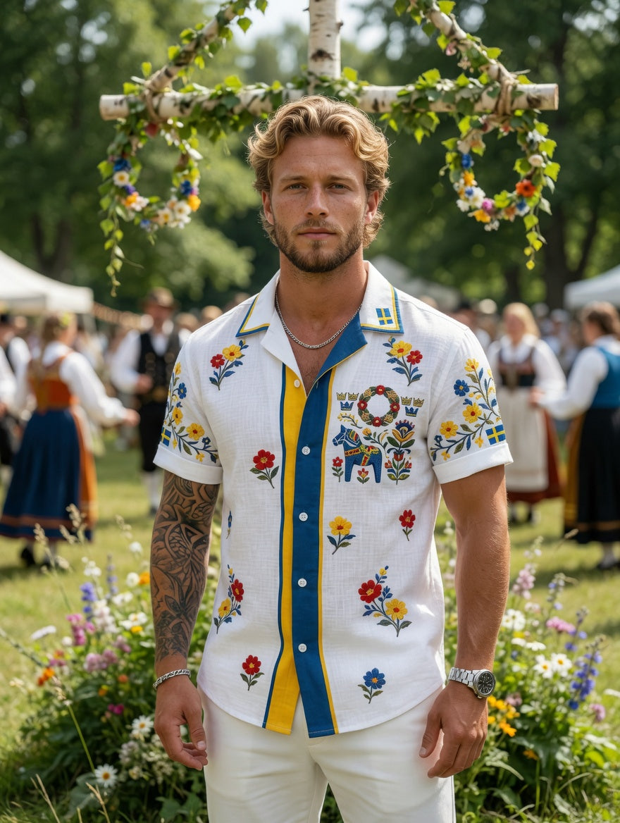 Herren-Retro-Hemd im schwedischen Mittsommer-Look mit Blumenmuster aus Baumwolle-Leinen, kurzärmlig