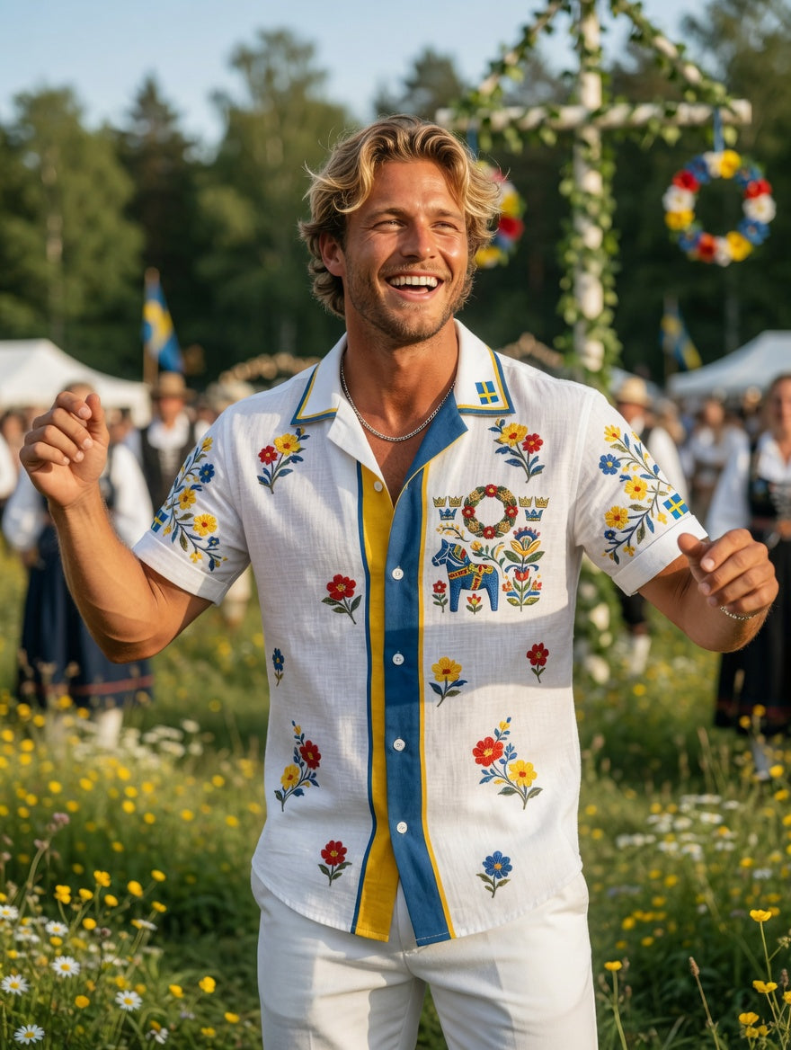 Herren-Retro-Hemd im schwedischen Mittsommer-Look mit Blumenmuster aus Baumwolle-Leinen, kurzärmlig