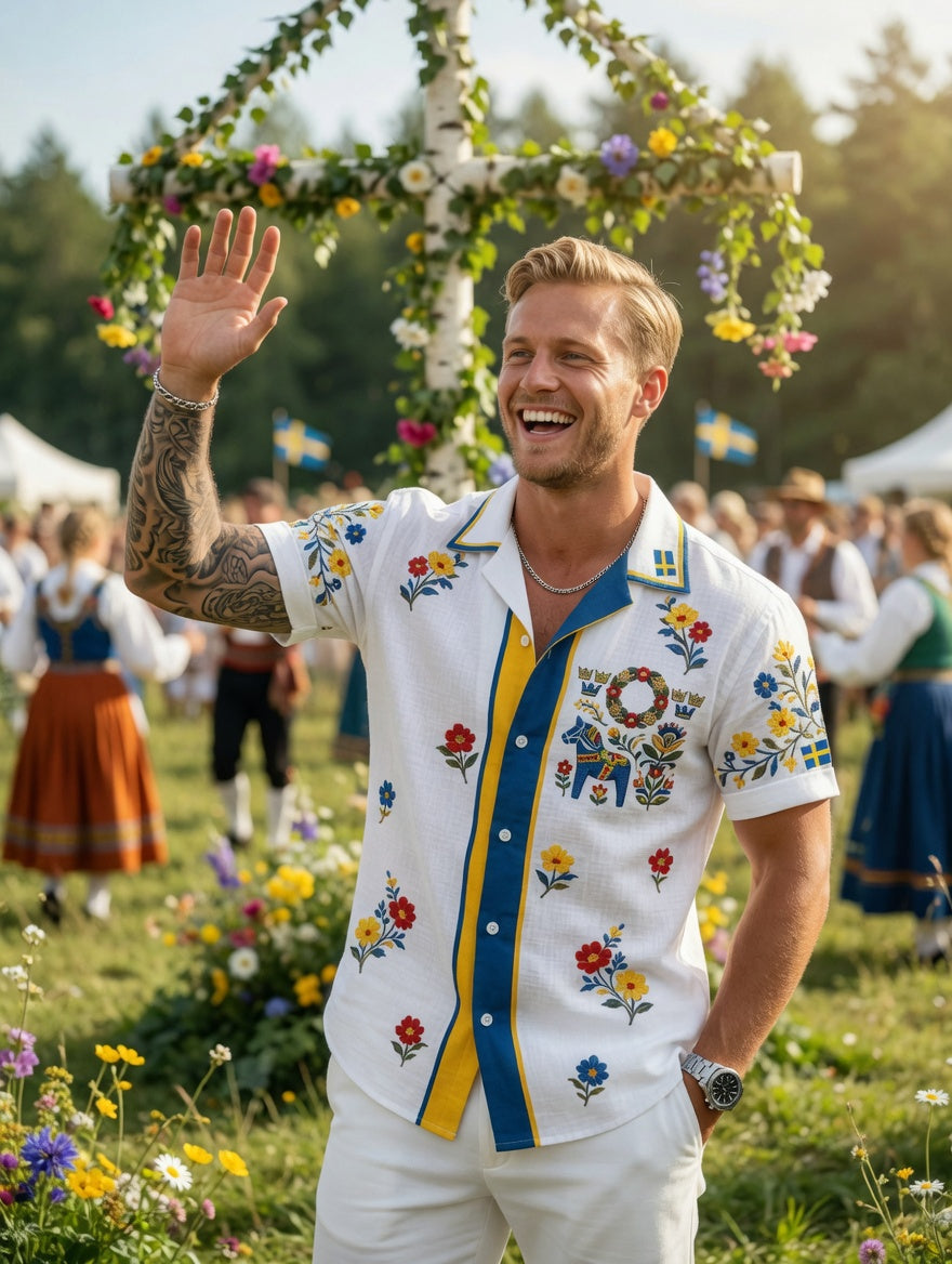 Herren-Retro-Hemd im schwedischen Mittsommer-Look mit Blumenmuster aus Baumwolle-Leinen, kurzärmlig