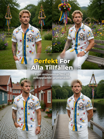 Herren-Retro-Hemd im schwedischen Mittsommer-Look mit Blumenmuster aus Baumwolle-Leinen, kurzärmlig