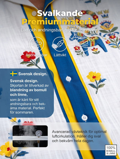 Herren-Retro-Hemd im schwedischen Mittsommer-Look mit Blumenmuster aus Baumwolle-Leinen, kurzärmlig