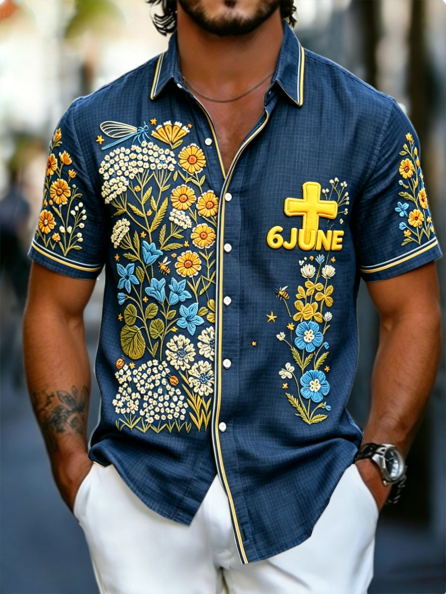 Herren Deep Blue Swedish National Day Blumen druck Lässiges Kurzarm-Shirt
