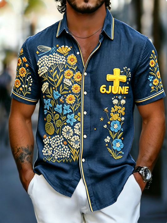 Herren Deep Blue Swedish National Day Blumen druck Lässiges Kurzarm-Shirt