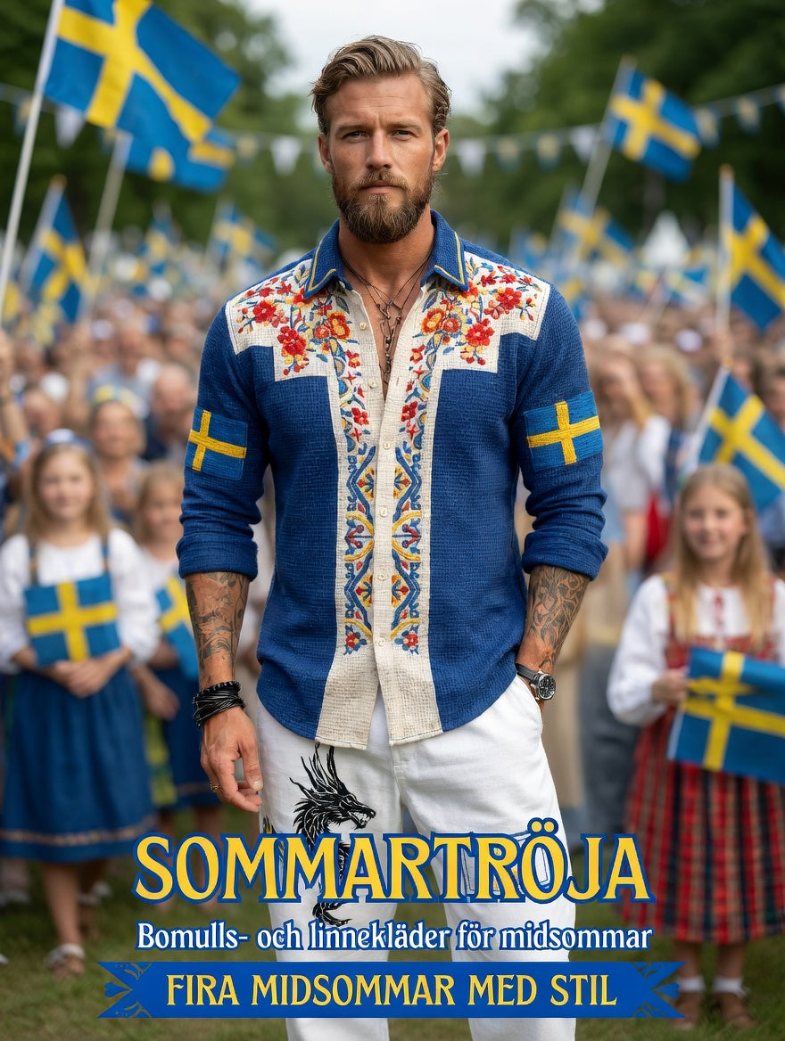 Herren-Retro-Hemd im schwedischen Nationaltag- und Mittsommer-Look mit folkloristischem Blumenmuster, Waffelstruktur und langen Ärmeln