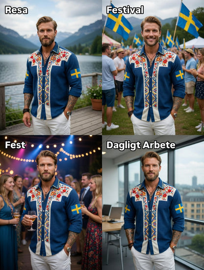 Herren-Retro-Hemd im schwedischen Nationaltag- und Mittsommer-Look mit folkloristischem Blumenmuster, Waffelstruktur und langen Ärmeln