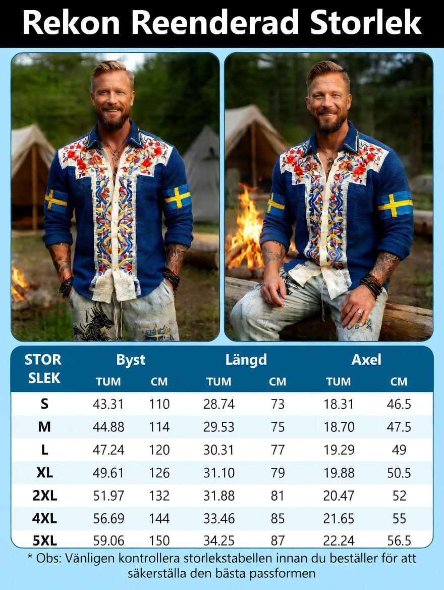 Herren-Retro-Hemd im schwedischen Nationaltag- und Mittsommer-Look mit folkloristischem Blumenmuster, Waffelstruktur und langen Ärmeln