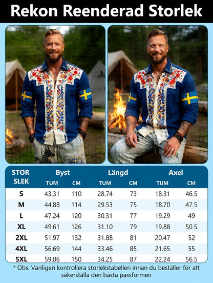 Herren-Retro-Hemd im schwedischen Nationaltag- und Mittsommer-Look mit folkloristischem Blumenmuster, Waffelstruktur und langen Ärmeln