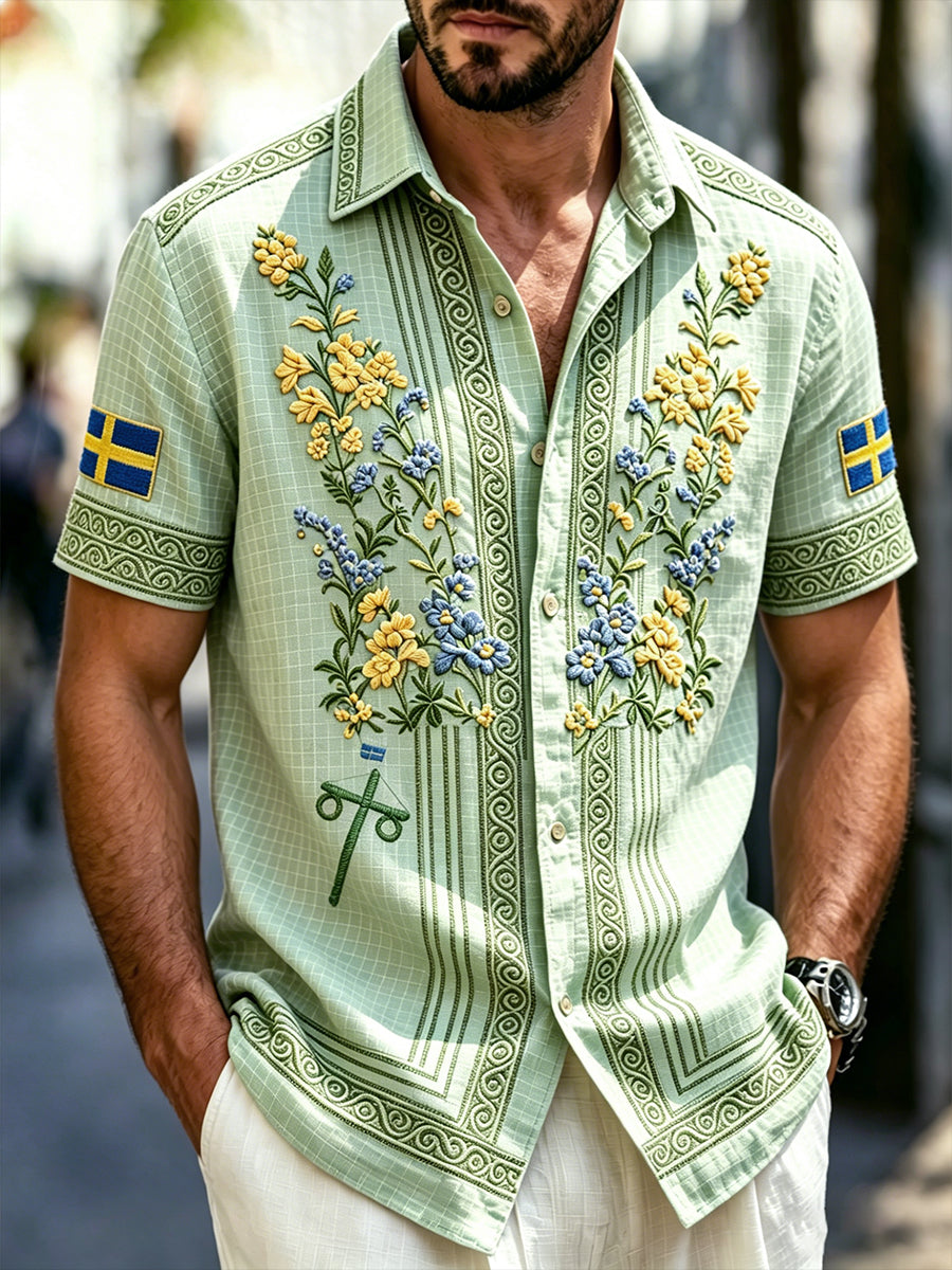 Herren grünes schwedisches Mittsommer-Blumen-3D-Druck lässiges Kurzarm-Shirt