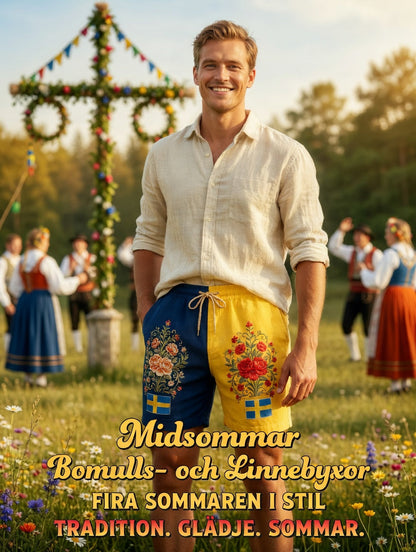 Herren Retro Schwedische Mittsommer Folk Blumen Baumwoll-Leinen kurze Hosen