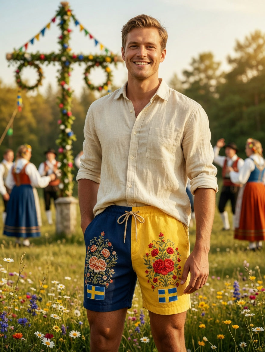 Herren Retro Schwedische Mittsommer Folk Blumen Baumwoll-Leinen kurze Hosen