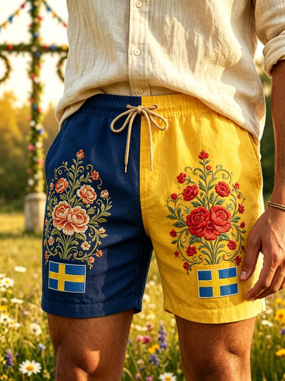 Herren Retro Schwedische Mittsommer Folk Blumen Baumwoll-Leinen kurze Hosen