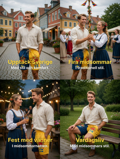 Herren Retro Schwedische Mittsommer Folk Blumen Baumwoll-Leinen kurze Hosen