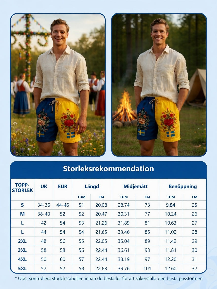 Herren Retro Schwedische Mittsommer Folk Blumen Baumwoll-Leinen kurze Hosen