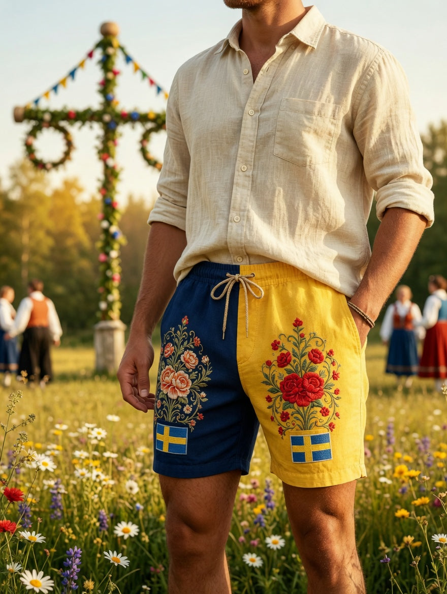Herren Retro Schwedische Mittsommer Folk Blumen Baumwoll-Leinen kurze Hosen