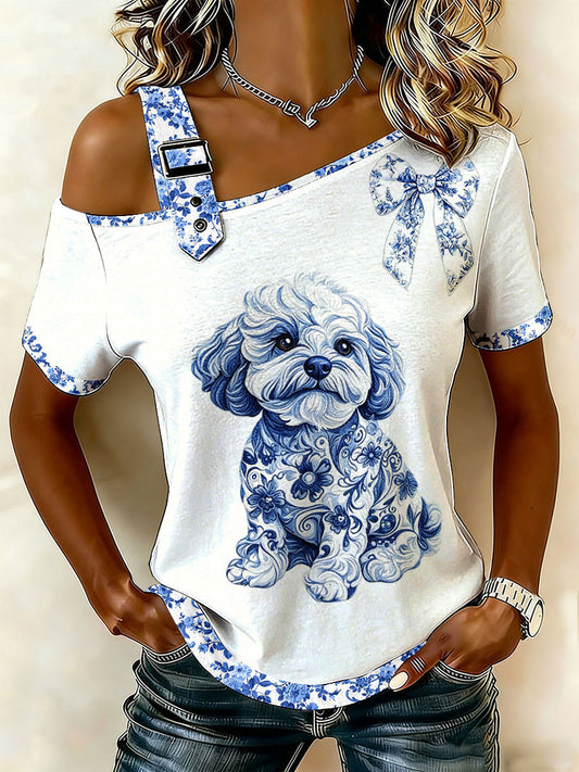 Damen-T-Shirt im chinesischen Stil mit Tiermotiv und Blau-Weiß-Porzellan-Print