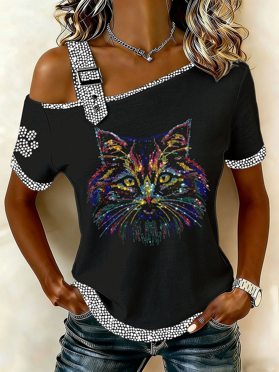 Damen-Casual-T-Shirt mit Katzenmuster