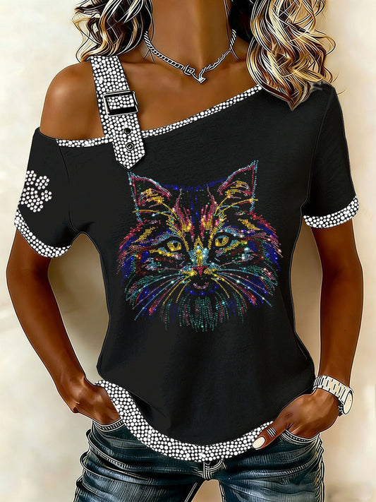 Damen-Casual-T-Shirt mit Katzenmuster