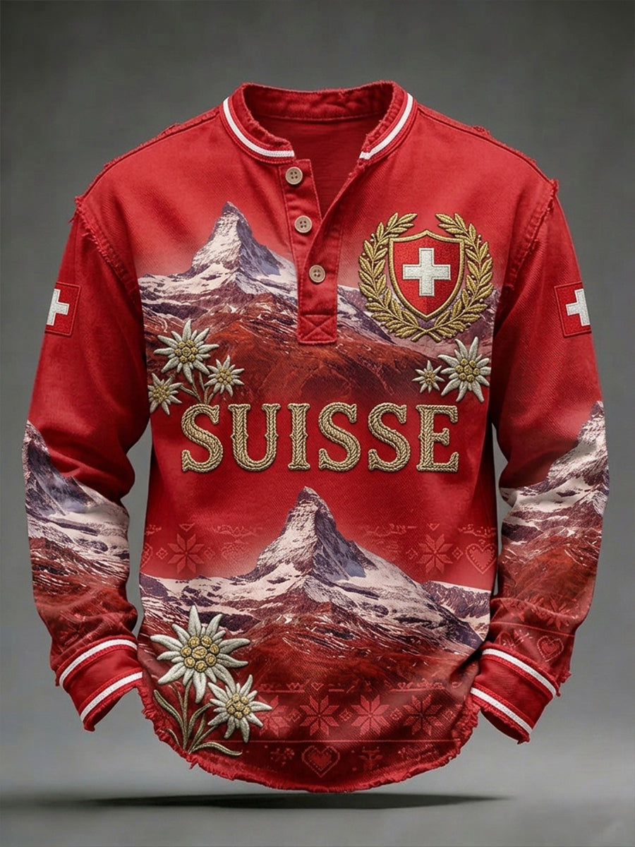 Herren-Longsleeve mit V-Ausschnitt und Landschafts- sowie Blumenmuster