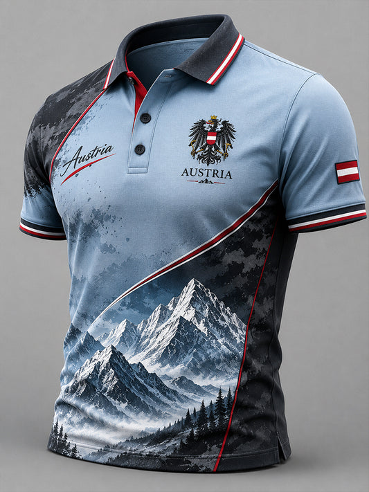 Herren-Poloshirt im Retro-Stil mit Schneegebirgslandschafts-Print und kurzen Ärmeln