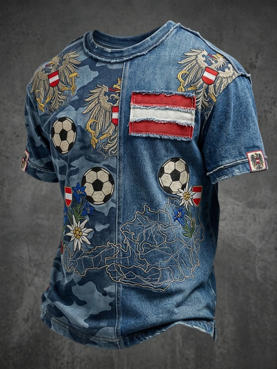 Retro-Österreichisches Fußball-Tarnmuster-Patchwork-Lässiges T-Shirt
