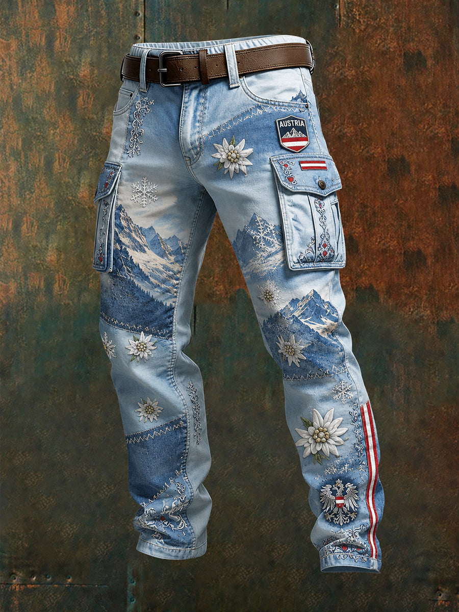Herren-Cargohose im Retro-Stil mit Schneegebirgslandschaft